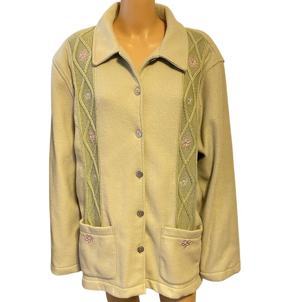 VTG AlfredDunner Women XL Flannel Fleece Knit Floral Green Button Up Jacket Soft